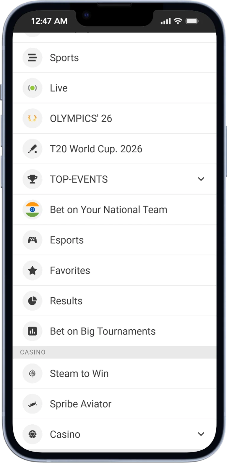 Screenshot of the Melbet App side menu