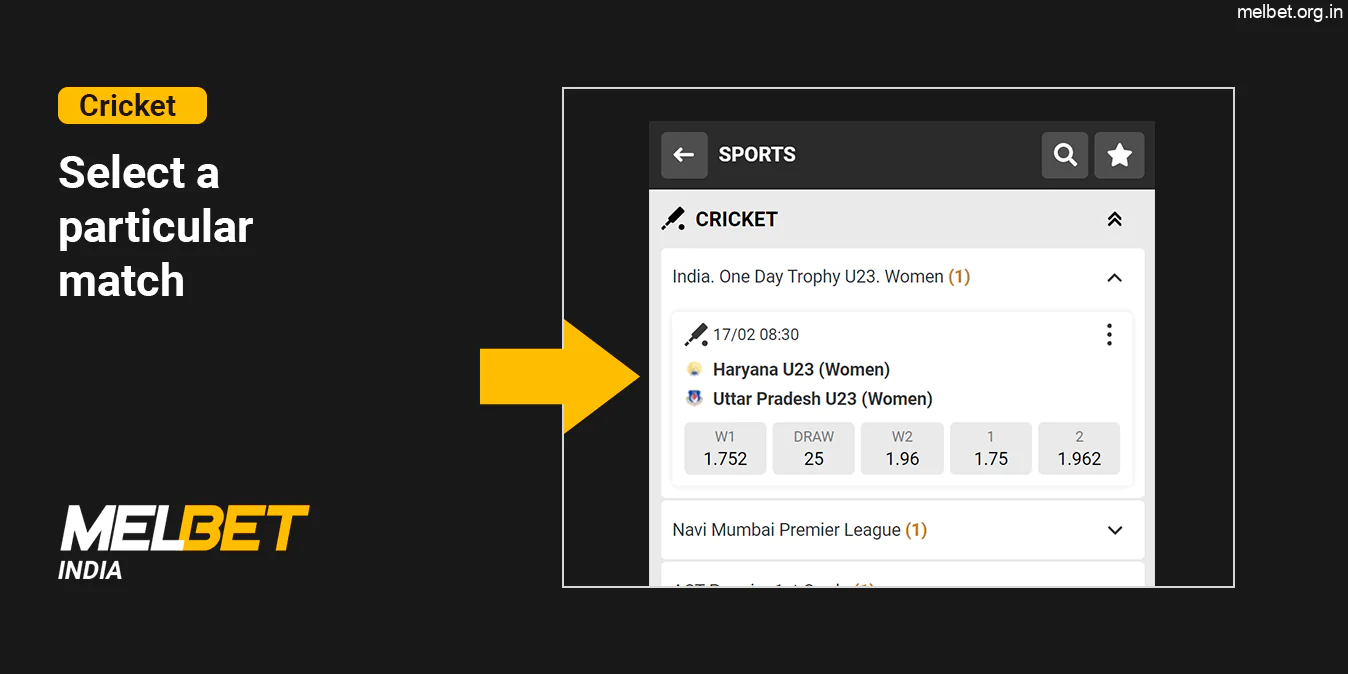 Select a particular cricket match to bet on - Melbet